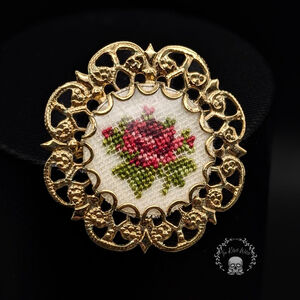 Vintage Petit Point Rose Brooch, Cottagecore, Cross-stitch, Filigree Setting